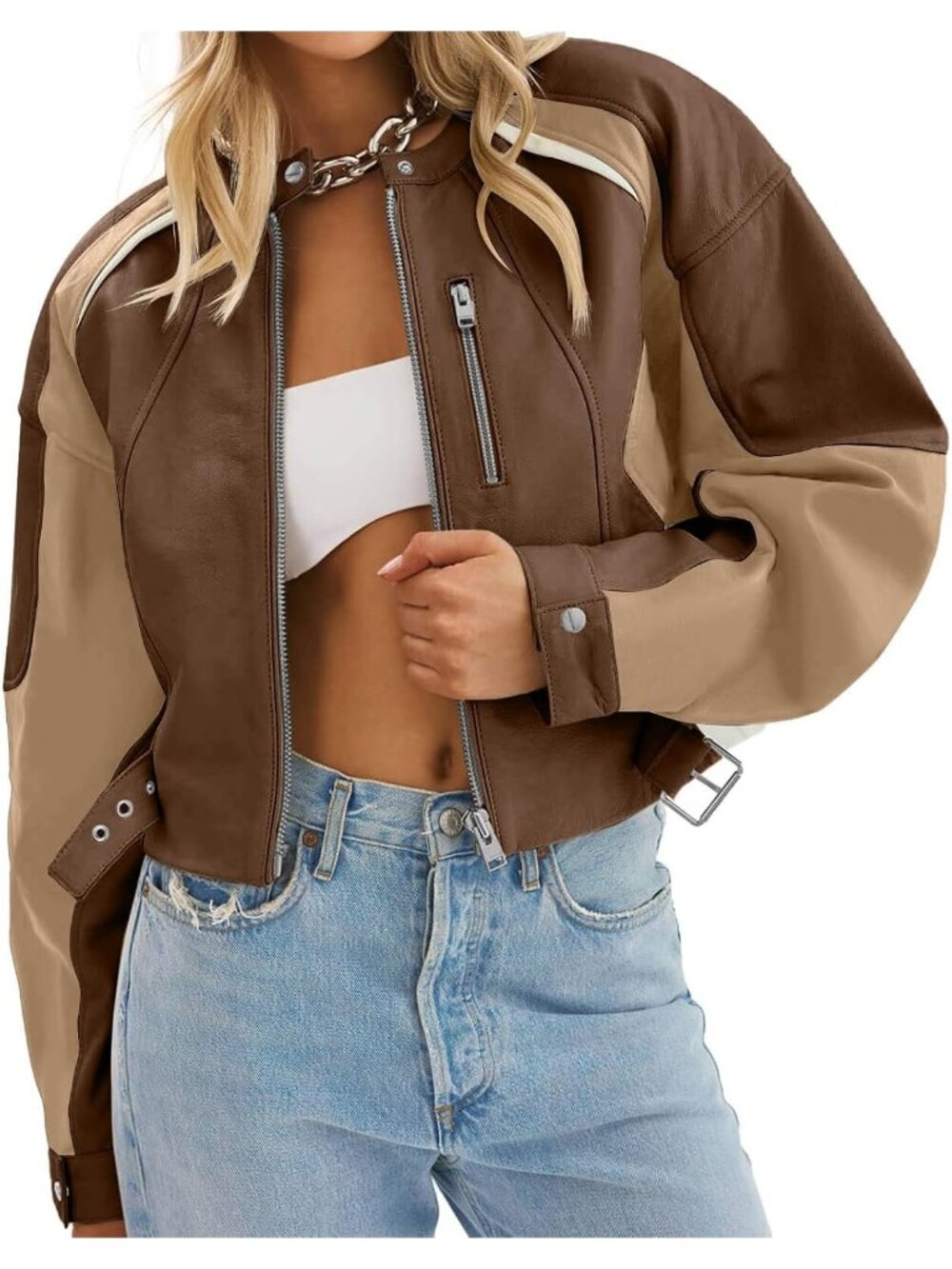 Women's Brown Color Block Faux Leather Cropped Bomber Moto Biker Jacket